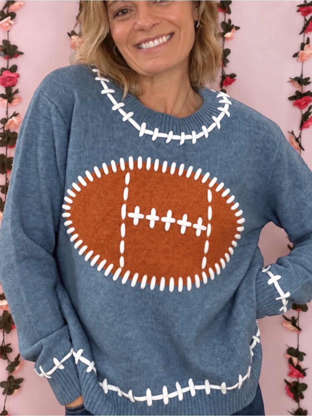 Dusty Blue Football Knit Sweater -BIBI